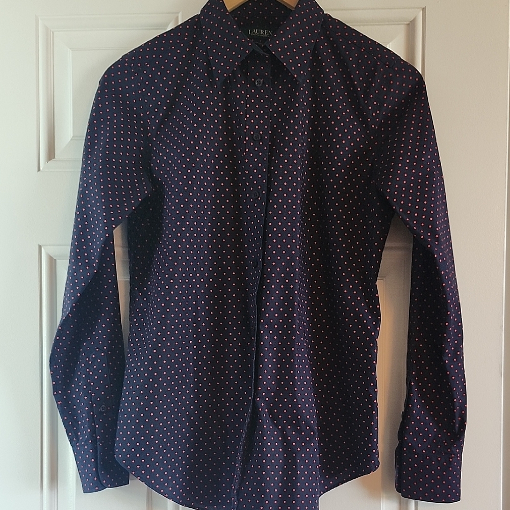 Ralph Lauren Women Blouse Long Sleeves Non Iron, Blue With Red Dots